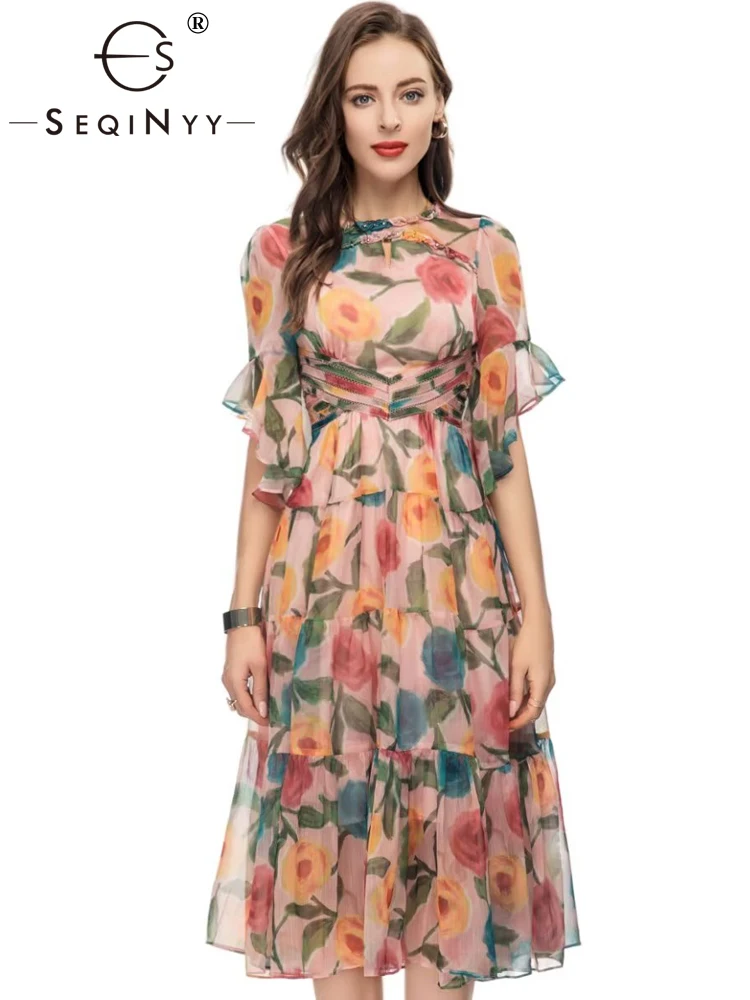 Шифоновое рокля midi SEQINYY, лято-пролет, новият, модерен дизайн, дамски писта, високите улични розови цветя, ретро принт, трапециевидные къдри